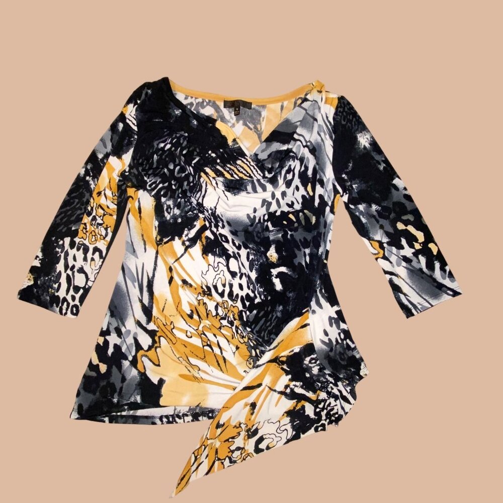 Picadilly Womens Asymmetrical Hem Tunic Top Size M Black Yellow White